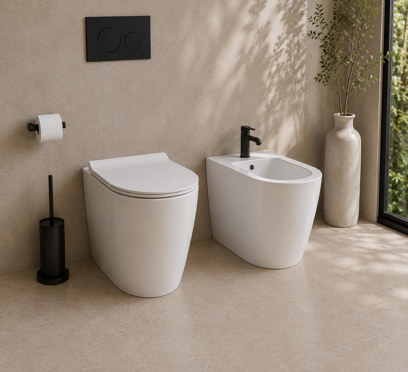 OVO collection toilet and bidet in a bathroom
