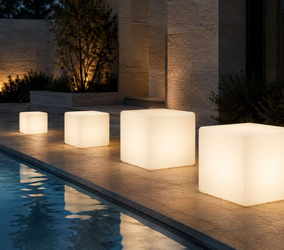 Illuminated cubes beside a pool