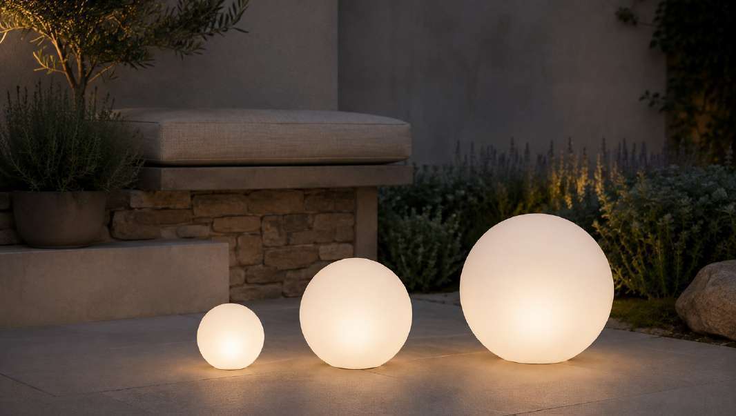Three illuminated spheres in a garden