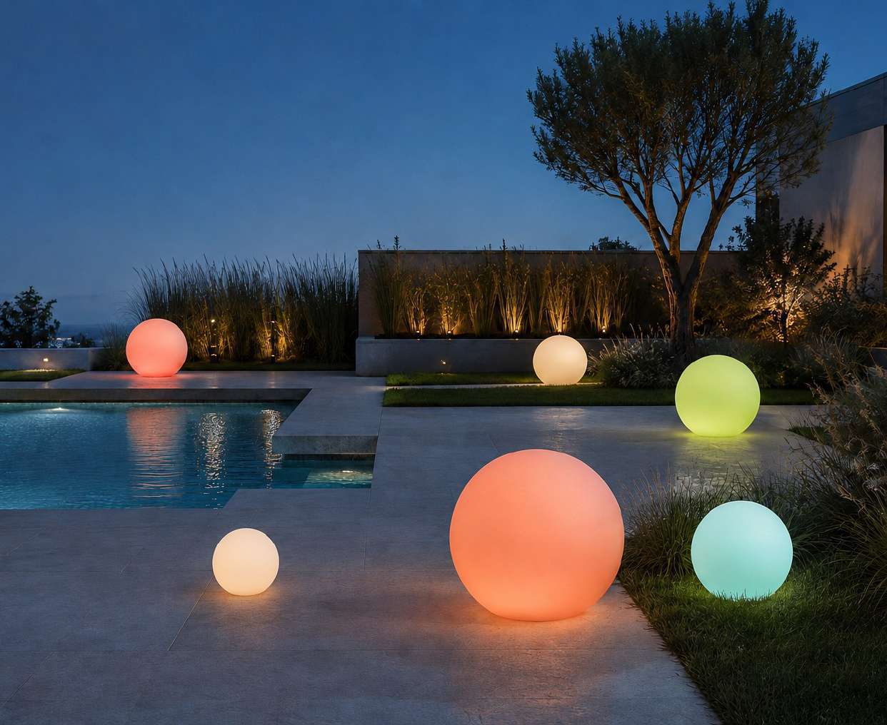 Colourful garden lights beside a pool